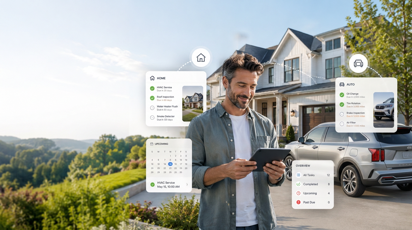Homeowner tracking home and vehicle maintenance on a tablet